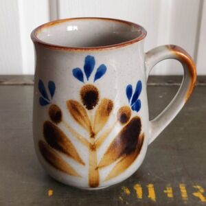 Vintage Capodimante Folk Floral Stoneware Mug Gray Blue Brown Speckled Ceramic